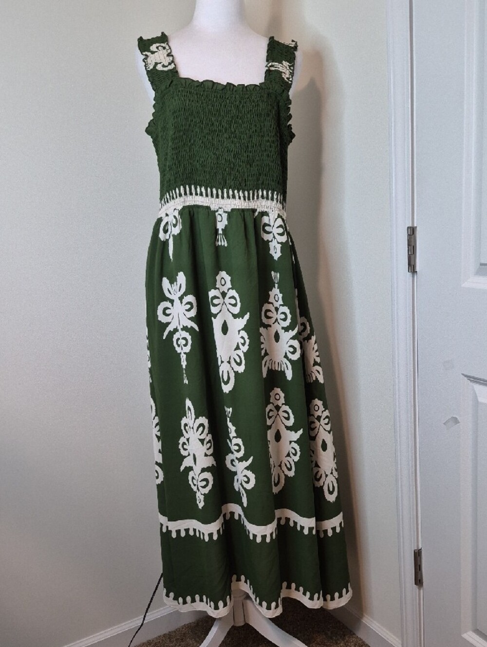 Pretty Garden Green Smocked Maxi Dress with White Print Size XL - Picture 4 of 10